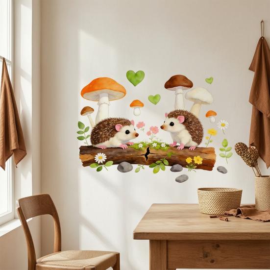 Yousheng Cute Hedgehog and Mushroom Wall Stickers, Watercolor Cartoon Animal Decals for Kids Room Nursery Kitchen, Removable PVC Waterproof