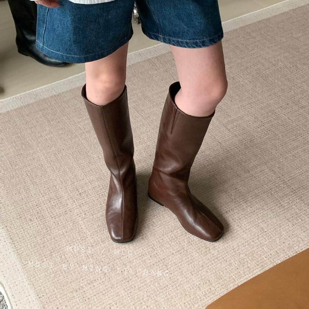 Fransk inre höjdökning men knähöga stövlar dam 2025 nya tunna knähöga stövlar fyrkantig tå platt botten ärm riddarstövlar