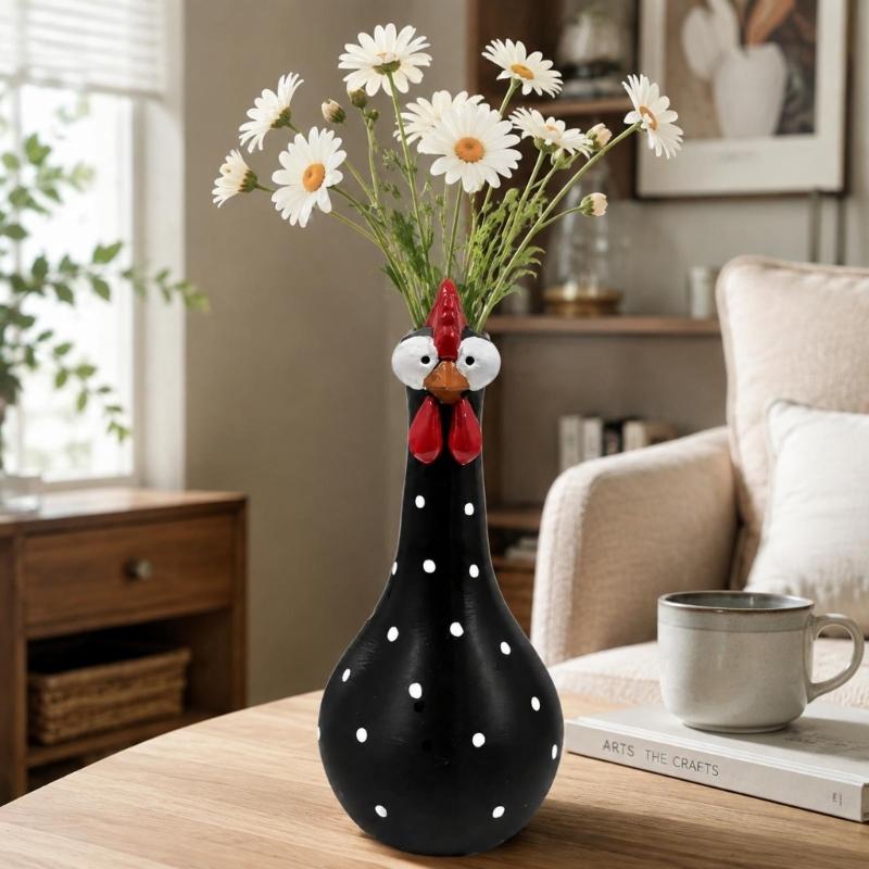 Chicken Flower Vessel with Rounded Body, Contrasting Dot Pattern, and Long Neck for Faux Florals, Office Desks, and Studies
