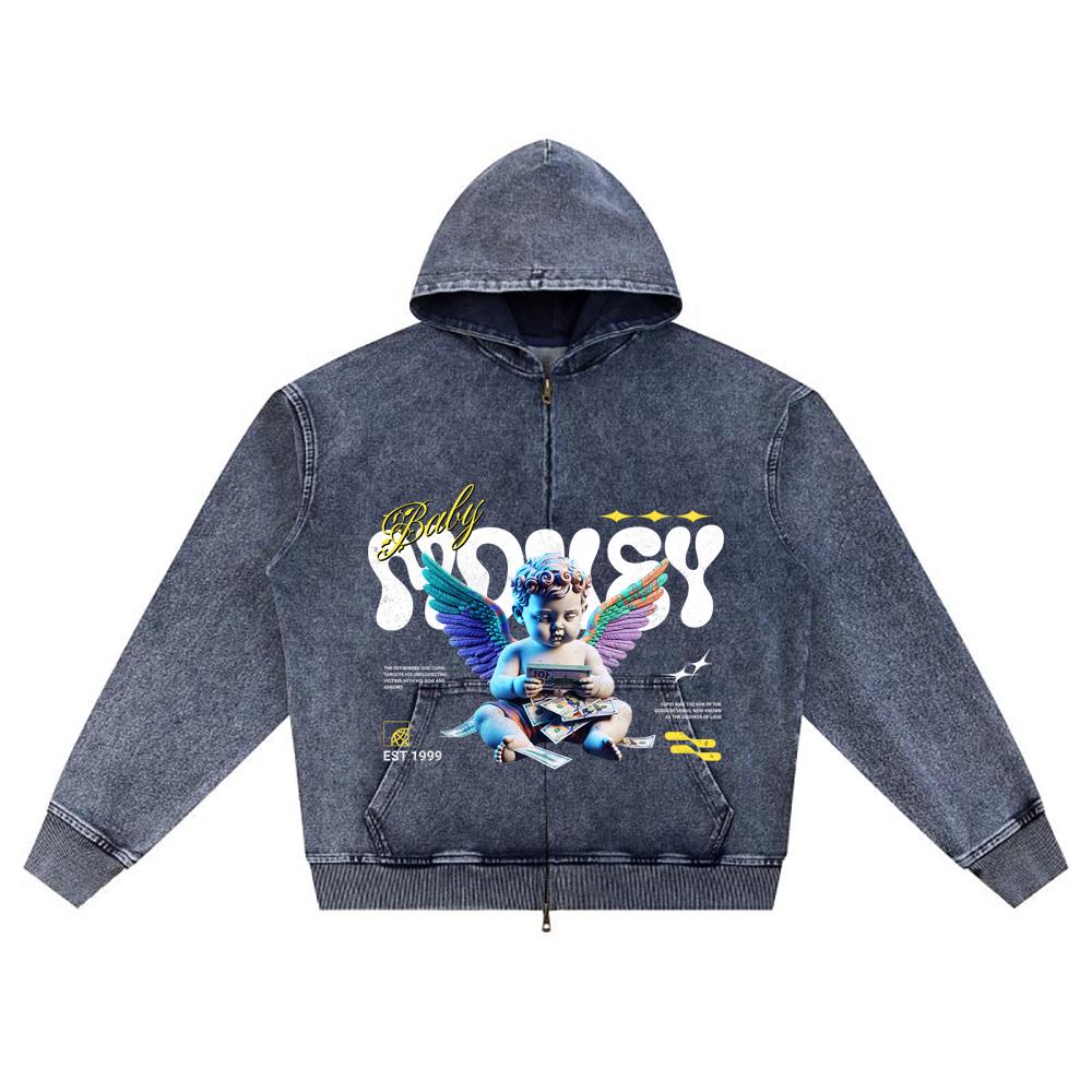

DTG print Knitted Denim Zip-Up Hoodie Baby Money Brother Print Zipper Hoodies XL темно-синий