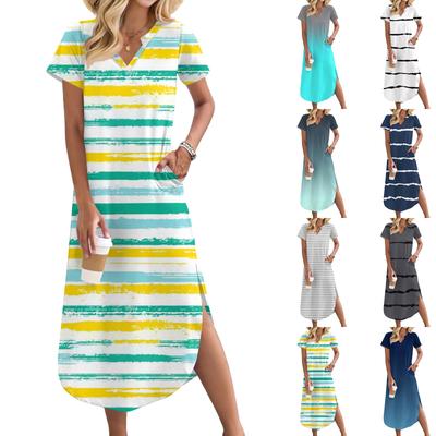 Γυναικείο φόρεμα με μακριά φούστα, casual ντεκολτέ V, μακρύ πουκάμισο, χαλαρό σκίσιμο, γιορτινό φόρεμα με κοντό μανίκι