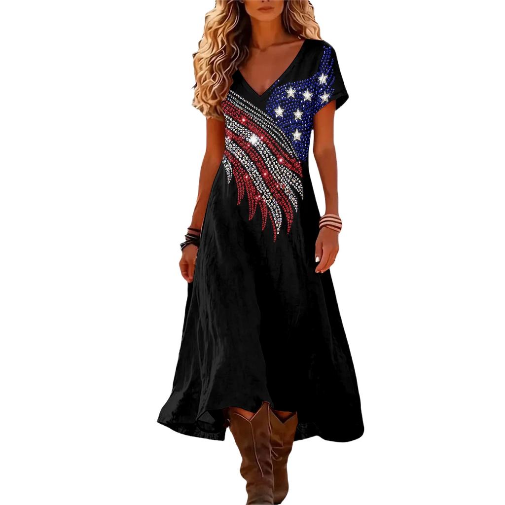 Women’s Short Sleeve V Neck Maxi Dress with Floral Print and Flag Pattern Casual Loose Fit Summer Dress