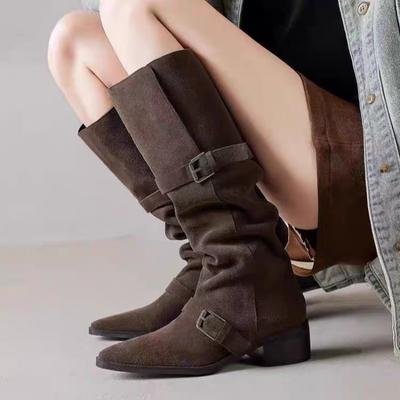 Fashion New Style Fashion Women's High Heel Western Cowboy Knee-high Boots Suede Women's Pointed Toe Warm Button Long Boot Zapatos Mujer