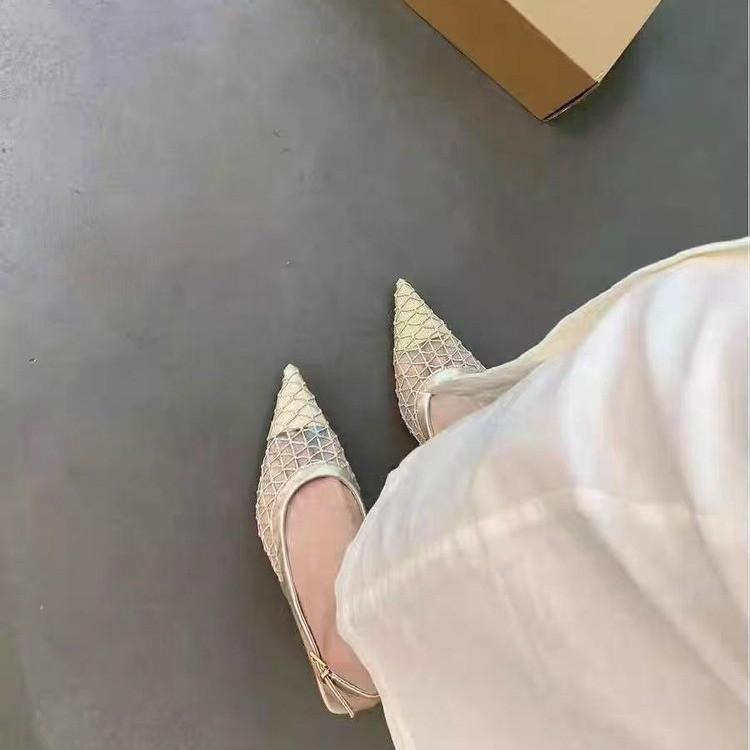 Low-heeled bag head sandals women's gentle nude pointed mesh lady thick heel back empty temperament single shoes