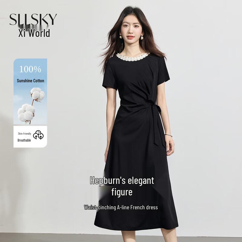 French Style Lace Trim Short-Sleeve Little Black Dress M