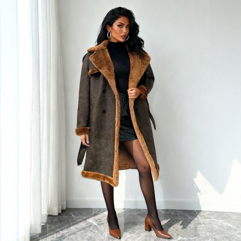 Womens Faux Fur Coat Winter Warm Long Sleeve Belted Slim Fit Mid-Length Outerwear In Brown PU Fabric