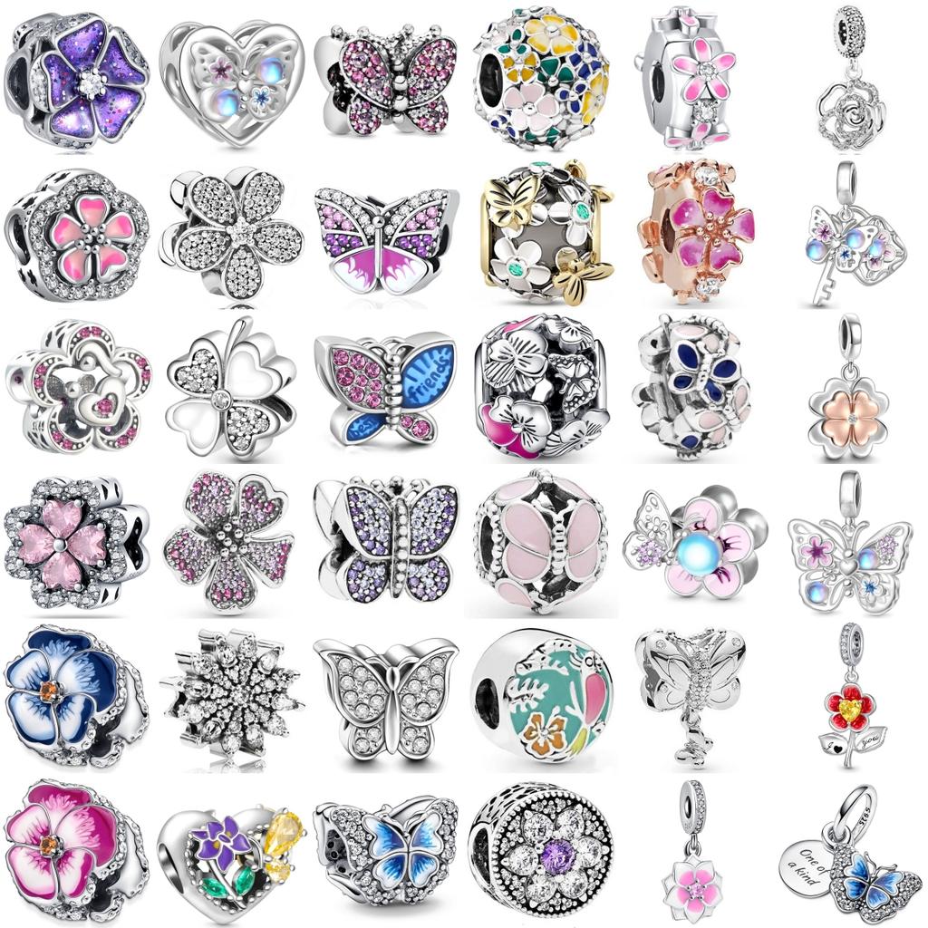 Copper Metal Plating Beautiful Flowers Pink Butterfly Charming Pendant Bead Component Compatible With Authentic Original Charm Bead Components