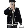 New jacket lazy style design sense casual knitted cardigan autumn and winter temperament striped pocket sweater women