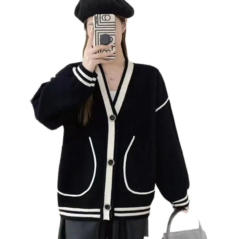New Jacket Lazy Style Design Sense Casual Knitted Cardigan Autumn and Winter Temperament Striped Pocket Sweater Women