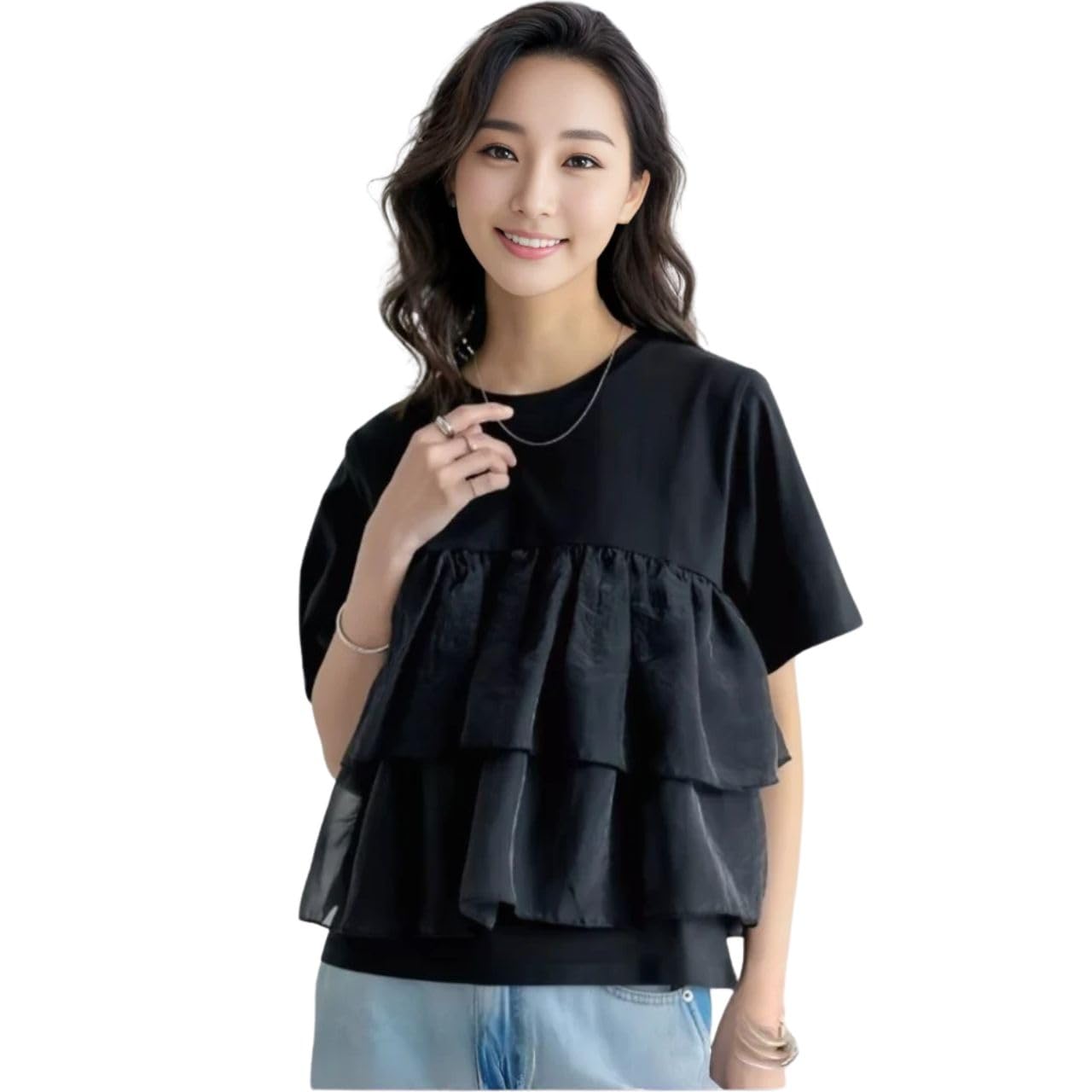 

Топ с многоярусными оборками из шифона смешанного состава, рукав, весна/лето, полиэстер, посадка, дизайн, элегантный, стильный, повседневный, черный, чёрный