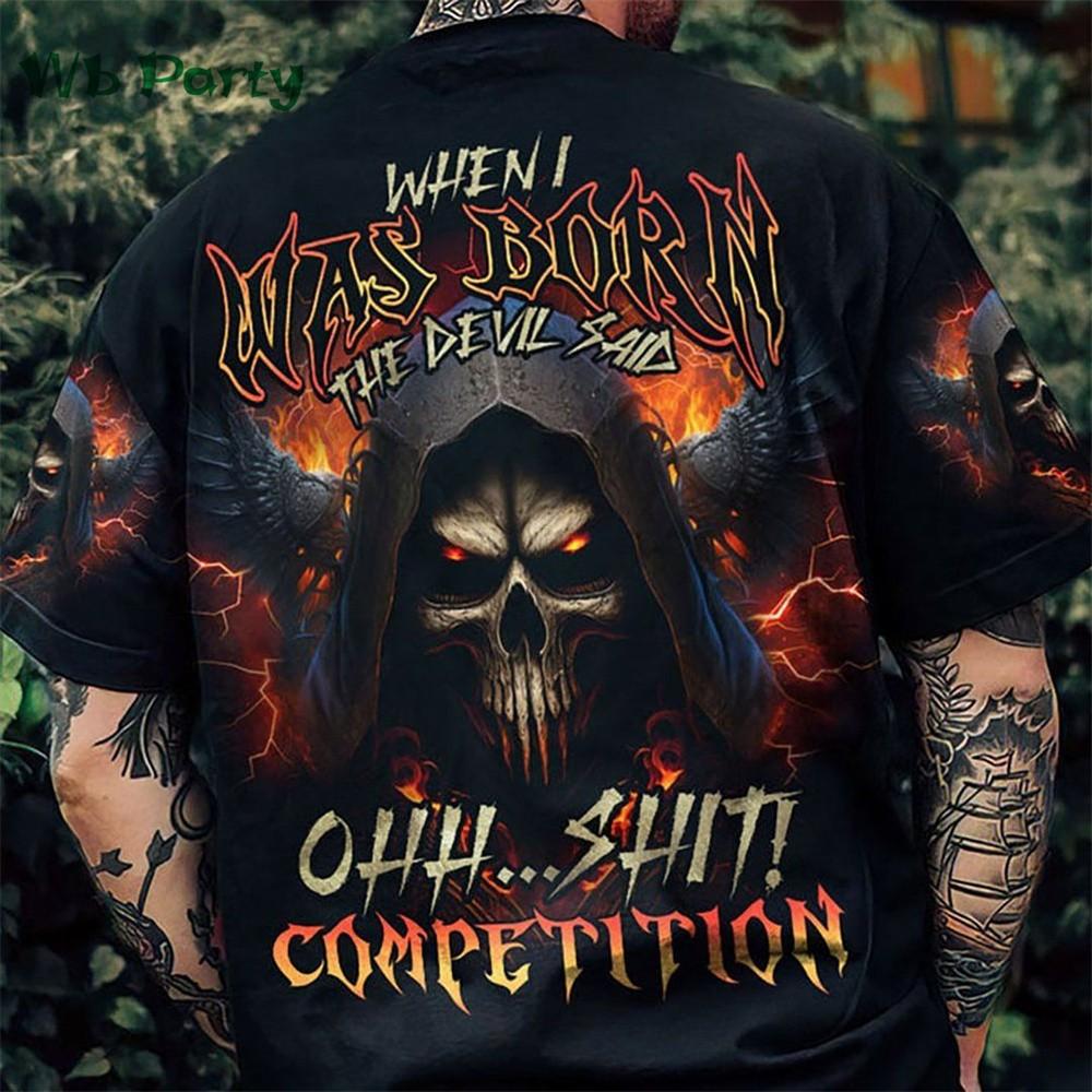 2025 New Men's Summer Gothic Letter and Skull Print Comfortable and Breathable Round Neck T-shirt Outdoor High Street Clothing