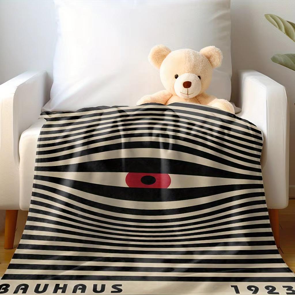 Coperta Flanella Occhio Bauhaus Retro 1923 Fantasia a Strisce Rosso Nero Beige Telo Decorativo per Divano Soggiorno Caldo Morbido Stampa Piatta