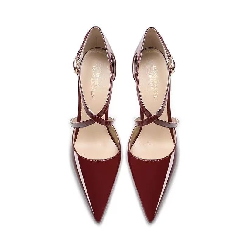 2025 Spring and Summer New French Cross-strap Stiletto High Heels Women's One-word Buckle Burgundy Hollow Sandals