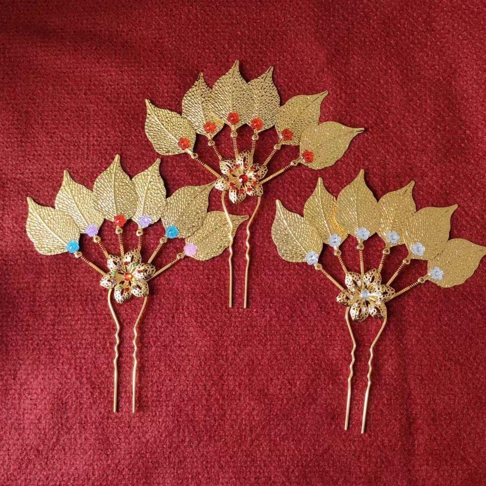 Gold Thai Metal Leaves Hairpin Rhinestone U-shaped Hair Fork Classical Thai Hair Sticks Daily