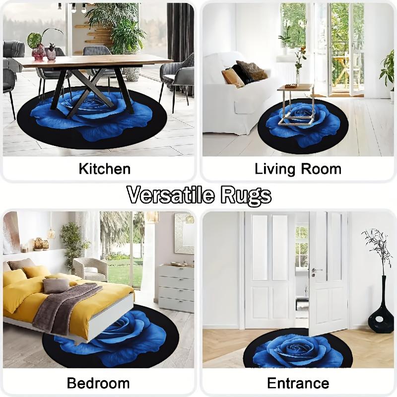 Luksuriøst Blårose-mønster Rund Form Gulvmatter Kjøkken Gangløper Teppe Soverom Stue Mykt Teppe Sklisikkert Områdeteppe