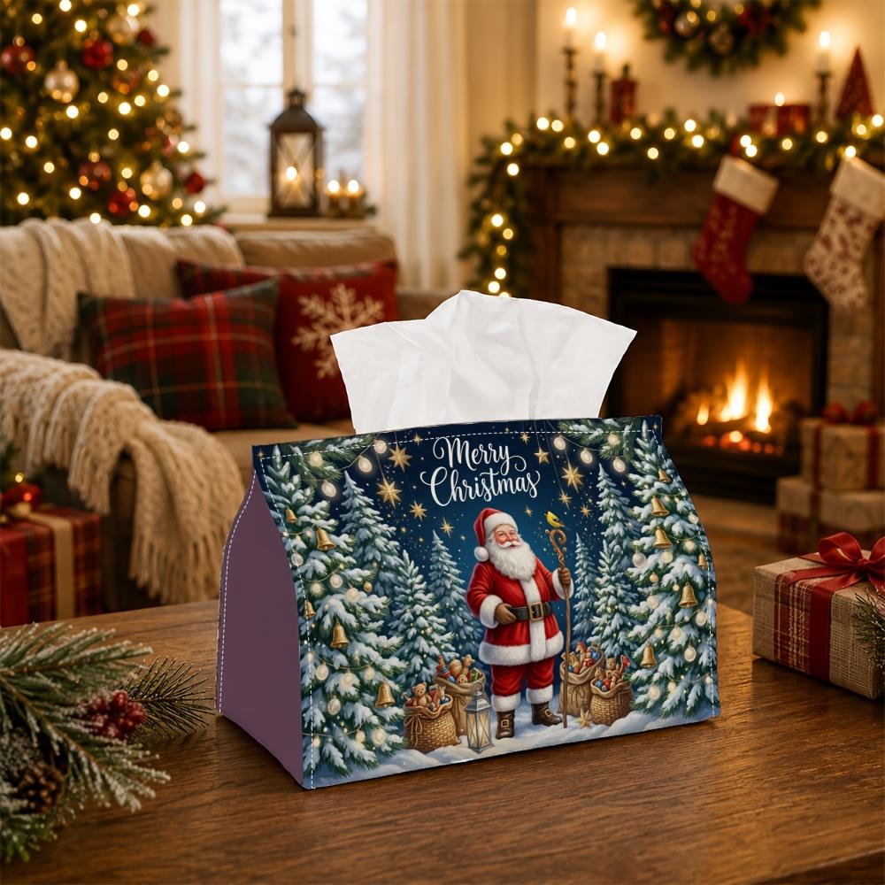 1pc Traditional Winter Woodland Tissue Box - Multi-Functional Napkin Box, Available In Durable Polyester, Decorated with Santa Claus Pine Tree Gift, S