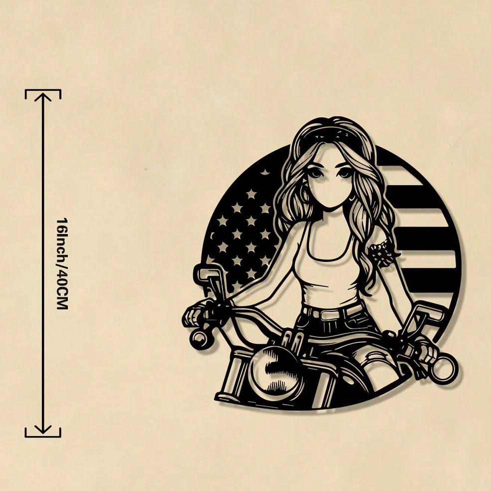 Motorcycle Girl Metal Wall Art Patriotic Silhouette Iron Decor Youth Room Freedom Gift
