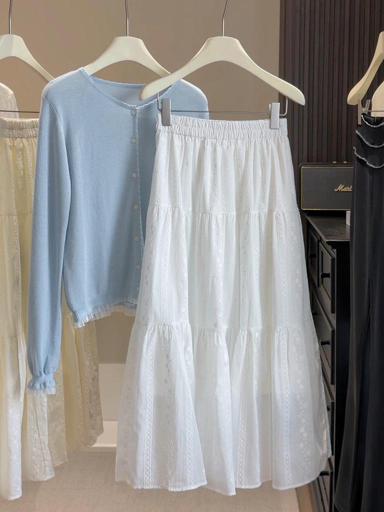 Elegant French White Embroidered Jacquard Skirt - Women's High-Waisted Slim-Fit Spring Skirt