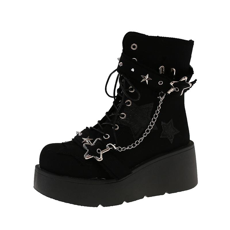 Plateau-Stiefel 2025 neu Nietanhänger Plateau-Kurzstiefel Damenmode Europäisch und Amerikanisch Dark Punk Lokomotiv-Stiefel