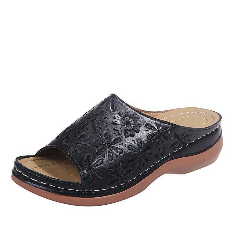 Large size women's shoes summer flowers fish mouth sandals hollow slope heel cool slippers women comfortable