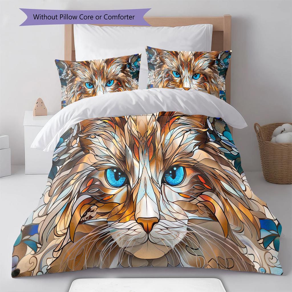 Orange Cat Pattern Bedding Quilt Set Quilt Cover Pillowcase Home Decoration Gift (1 * Duvet Cover + 2 * Pillowcase, Without Core)