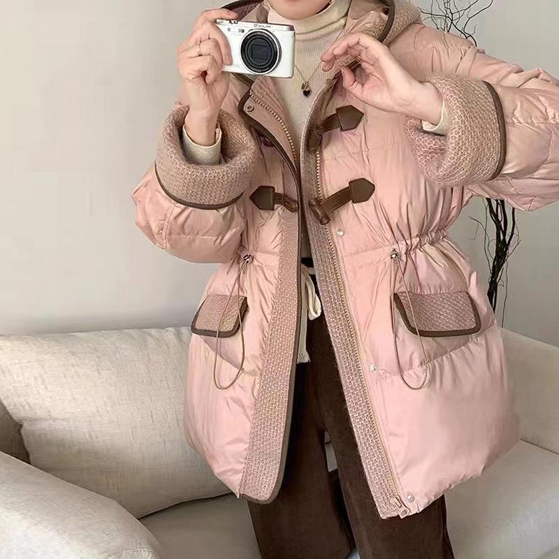 Hooded horn buckle down jacket women's 2024 winter new fashion sweet waist drawstring warm white duck down jacket