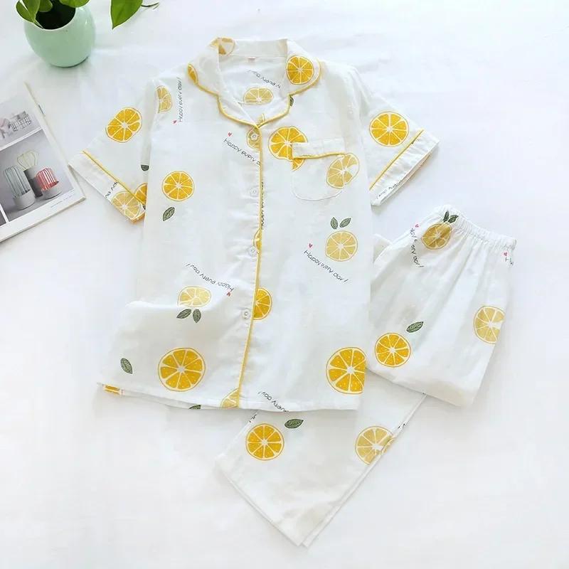 New Spring and Summer Pajamas Two-piece 100% Cotton Gauze Women's Short-sleeved Trousers Home Service Suit Cute and Thin