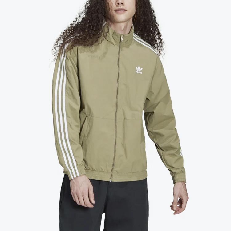 Adidas Originals Trefoil Small Logo Zip-Up High Collar Striped Sports Jacket Men Jacket Brown H41390