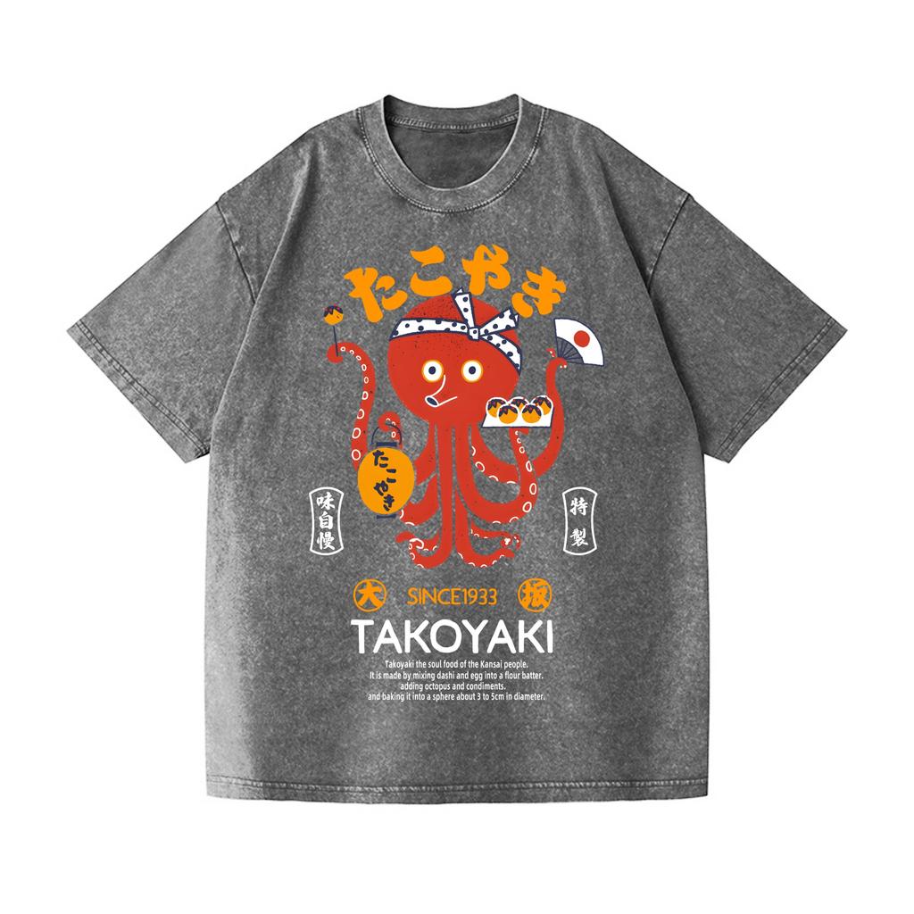 Herren Takoyaki Vintage Wash Japanisches Design T-Shirt Lustig Oktober Aufdruck Kurzarm Rundhals Sommer Schweres T-Shirt