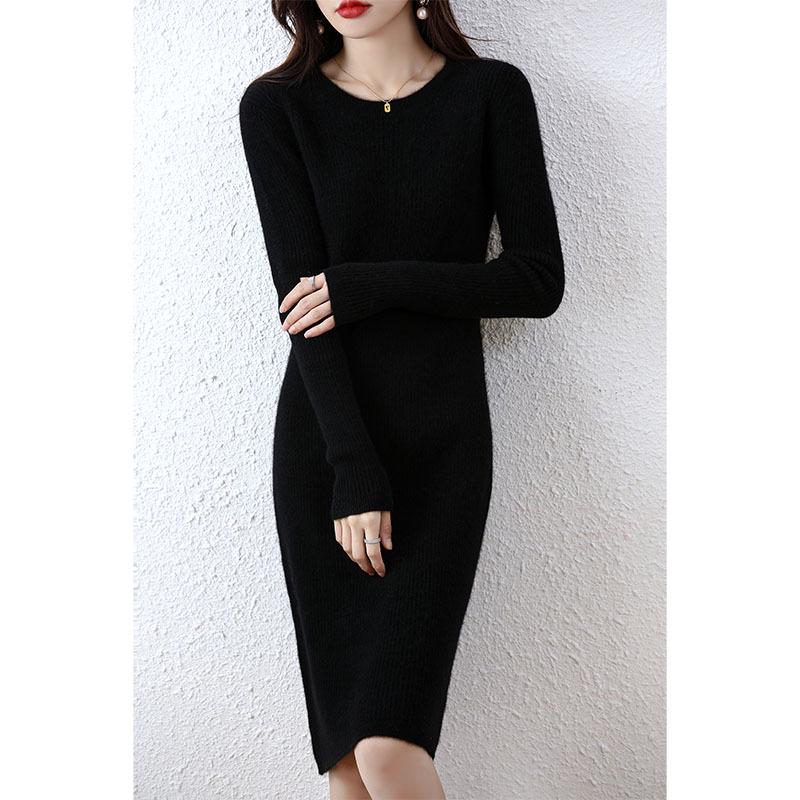 Women's Medium Slim Cashmere Wool Knee-Length Knit Dress - Round Neck, Autumn/Winter Base Layer