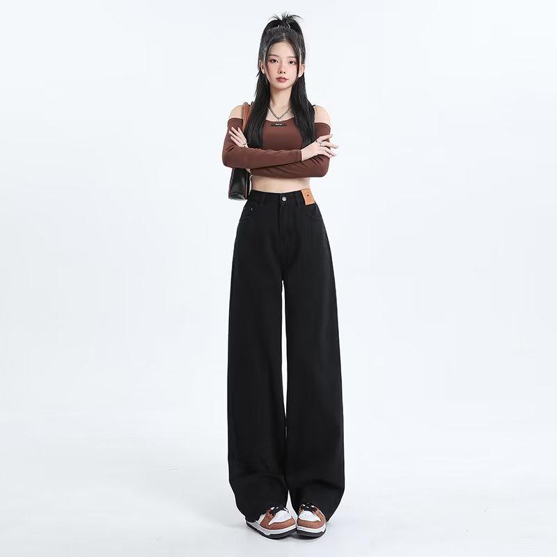 Girls' Black Wide-Leg High-Waist Jeans - Spring/Autumn 2024 Collection, Loose Straight Floor-Length Pants with High Street Style.
