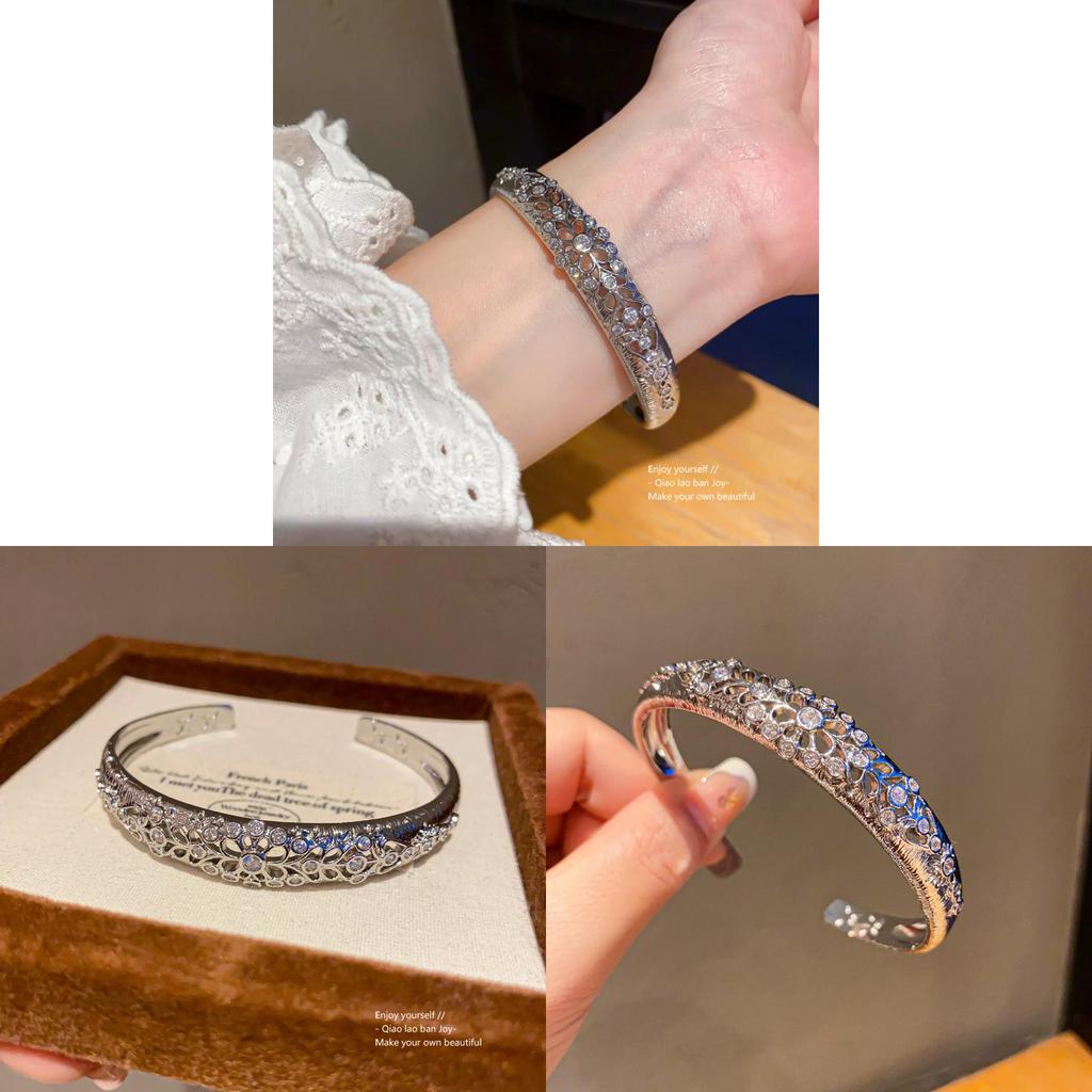 Vintage Silver Zircon Open Bracelet With Geometric Design For Fashion Accessories