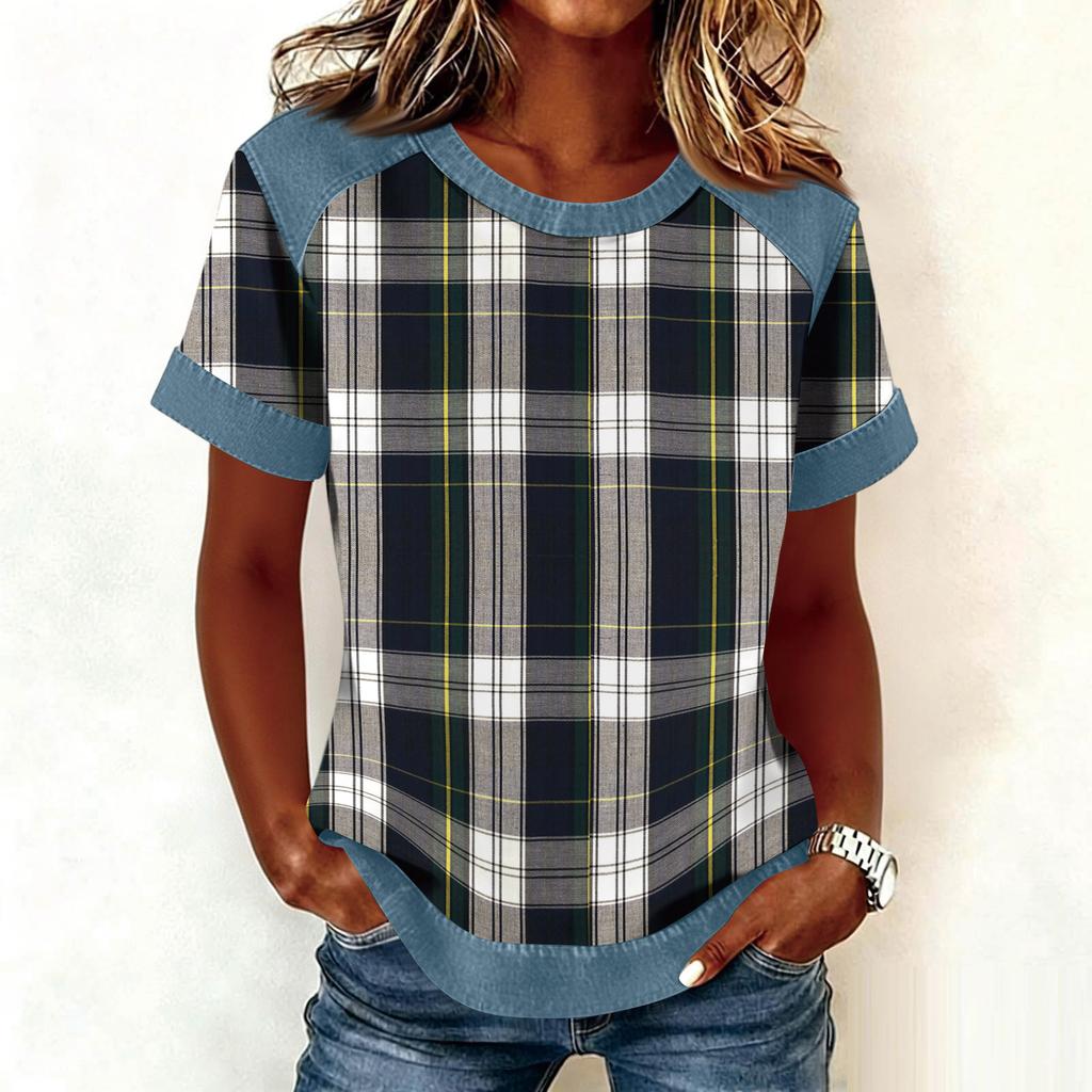 Women Denim Collar Patchwork Stitching Sweatshirt Casual  Printed Pullover Short Sleeve Shirts