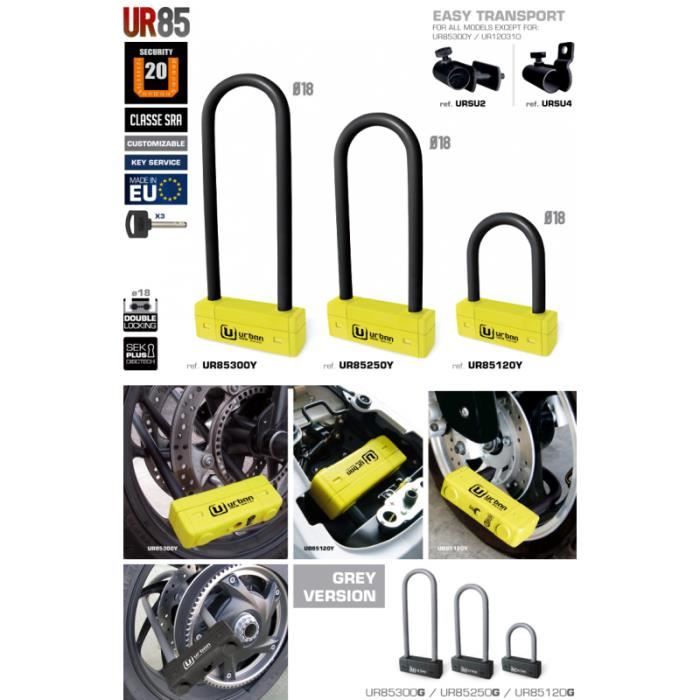 LIQUIDATION - URBAN - Antivol U 85X300Mm Ø18Mm Jaune - Homologué SRA