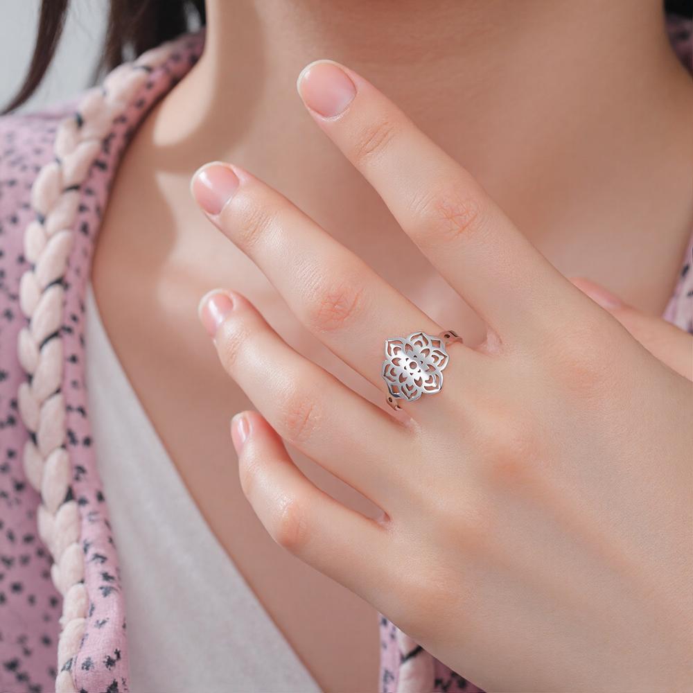 Dawapara Sacred Geometry Mandala Ring Lotus Flower Adjustable Women Ring Stainless Steel Buddhist Yoga Jewelry Spiritual Gift