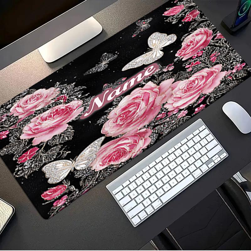 1PC Custom Name Butterflies Roses Garden Mouse Pad, Keyboard and Mouse Desk Pad, for Computer Notebook Birthday Gift For Any Room Or Office