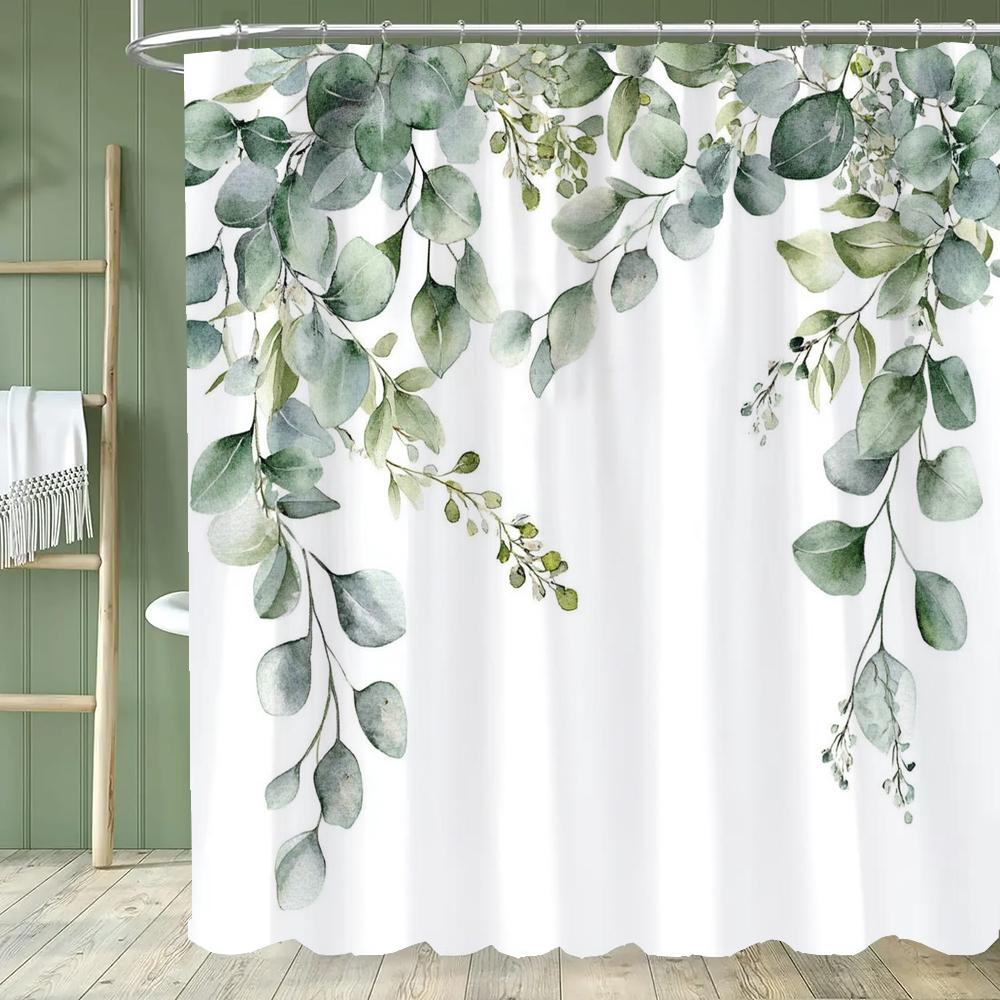Green Leaf Shower Curtain, Plants and Eucalyptus Leaves Bathroom Decor, Waterproof Polyester Shower Curtain, Home Decor Curtain
