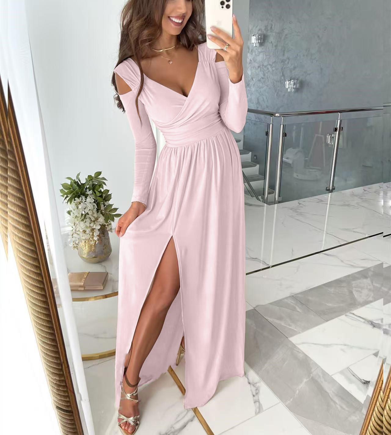 

Long Sleeved V Neck Color Dress With Slit Hem S рожевий