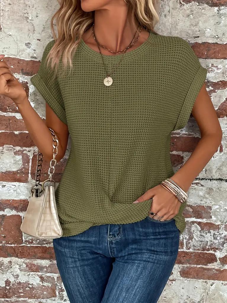 2026 Spring and Summer New Solid Color Round Neck T-shirt Elegant Short Twist Top Women's Clothing Amazon Cross-border Foreign Trade Short Sleeves