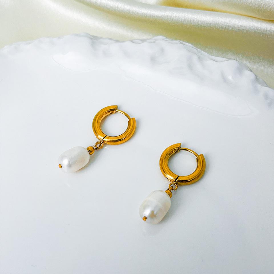 eManco 14K Gold Plated Freshwater Pearl Hoop Earrings for Women - Stainless Steel High-End Jewelry Accessories