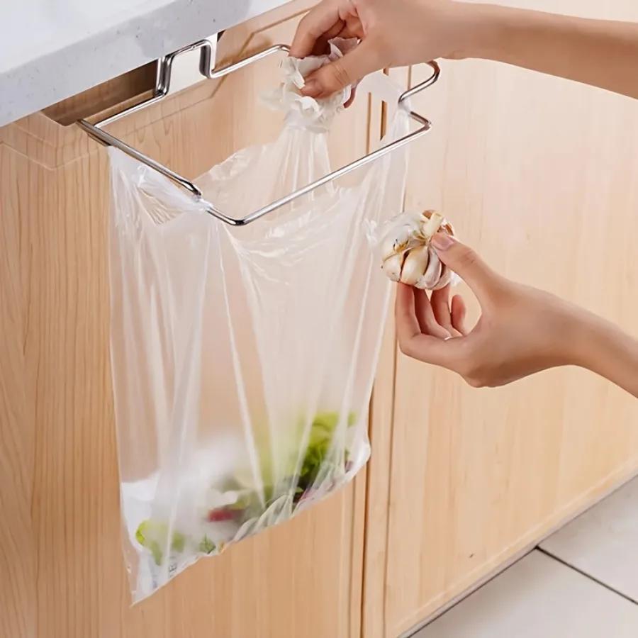 1PCS Stainless Steel Trash Rack, Closet Cabinet Door Trash Bag Holder, Kitchen Accessories,