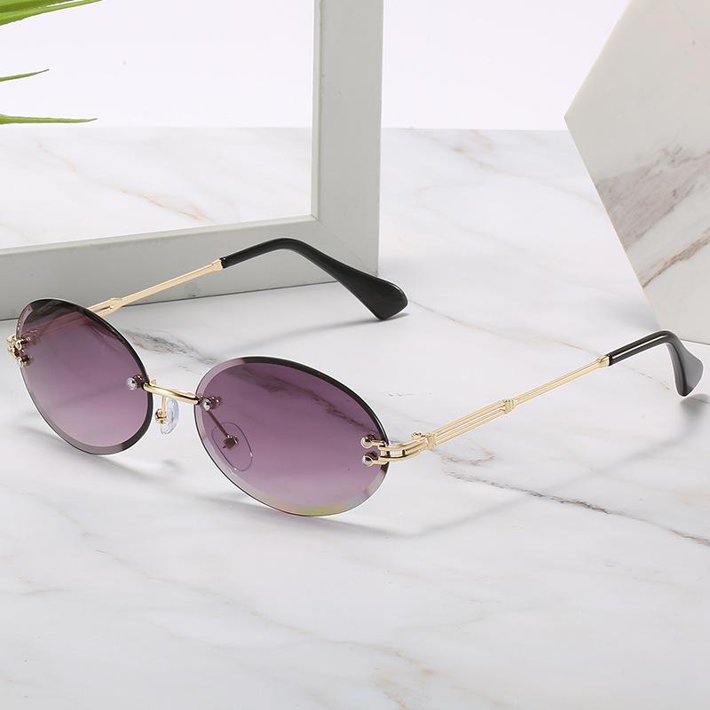 New Retro Oval Sunglasses For Women Personalized Small Round Frame Eyewear Gradient Color Frameless Diamond Cut Edge Eyeglasses