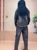 Ensemble deux pièces jean rétro automne pour femme Veste en jean à capuche avec surpiqûres + Pantalon