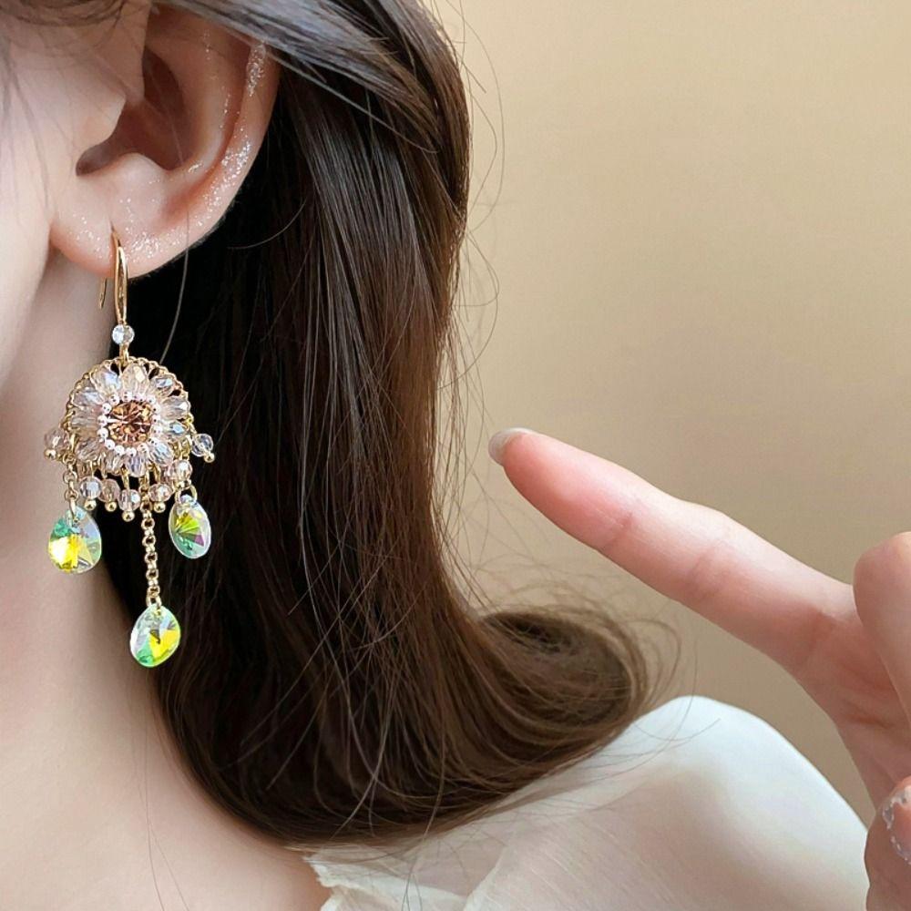 Flower Crystal Stud Earrings Pendant Vintage Long Earrings Rhinestone Drop Earrings  Girls Gift