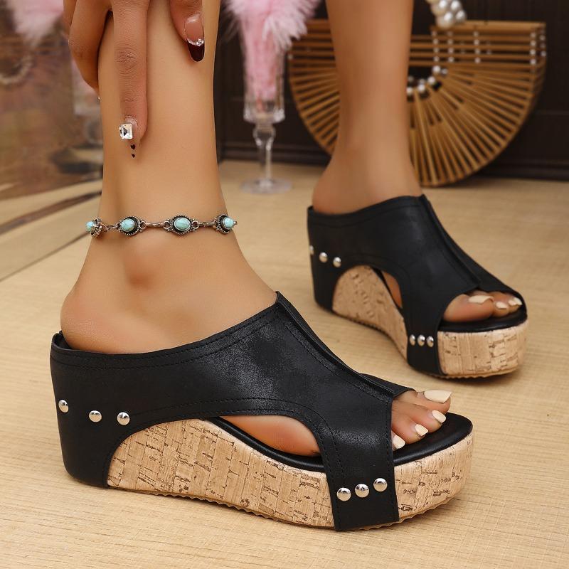 Summer New Rivet Wedge Heel Fish Mouth Sandals Women's Large Size Waterproof Table Hollow High Heel Women's Sandals 43