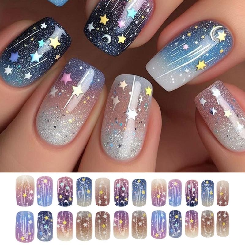 24 Stück Mittelgroße Quadratische Falsche Nägel mit Weltraum-Thema Mond Stern Designs Acryl Glänzend Aufkleben für Frauen und Mädchen