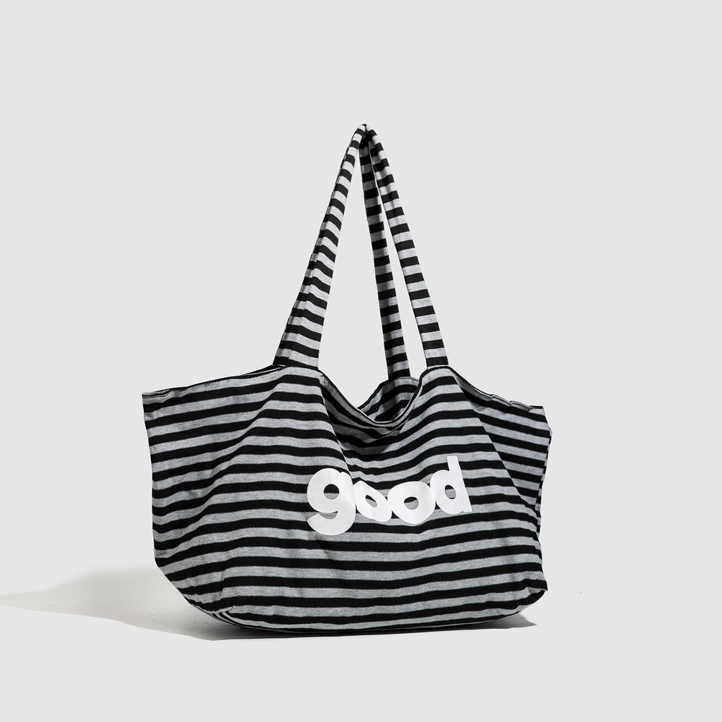 Spring And Summer Morning Eight People Go To Work, Black And White Striped Tote Bag, Large Capacity Shoulder Stacked Shopping Bag, Tote Bag