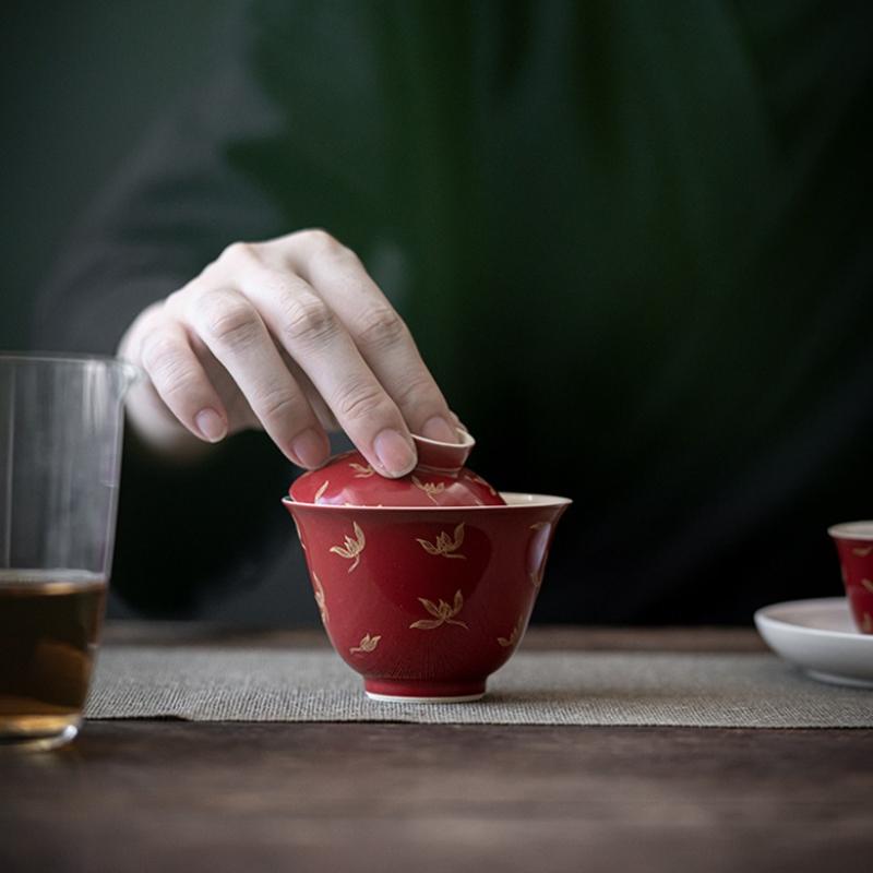 Red Ceramic Teacup Porcelain Tea Tureen Handmade Orchid Bowl Chinese Kung Fu Gongfu Gaiwan Retro Teaware Drinkware Tea Ceremony