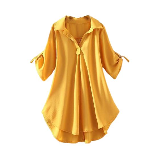 Women Shirt Lapel Half Sleeve Mid-length Casual Tops Solid Color Waist Tight Loose Fit Chiffon Blouse Daily Wear