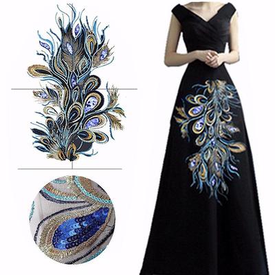 DIY artesanía bordado lentejuelas Pavo Real malla tela pluma apliques coser ajuste 51X40cm